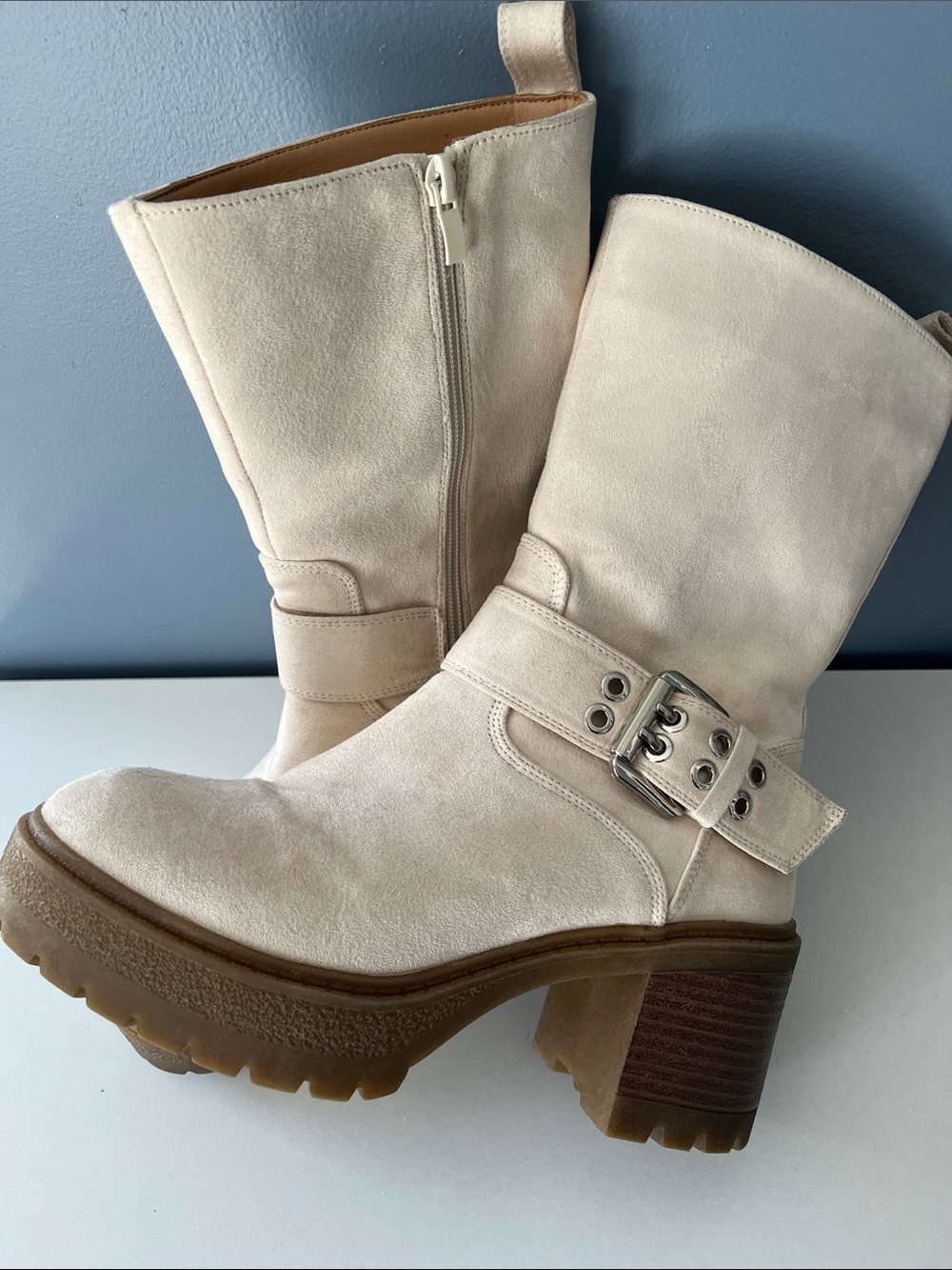 Coutgo Women’s Cream Suede Buckle Mid-Calf Boots